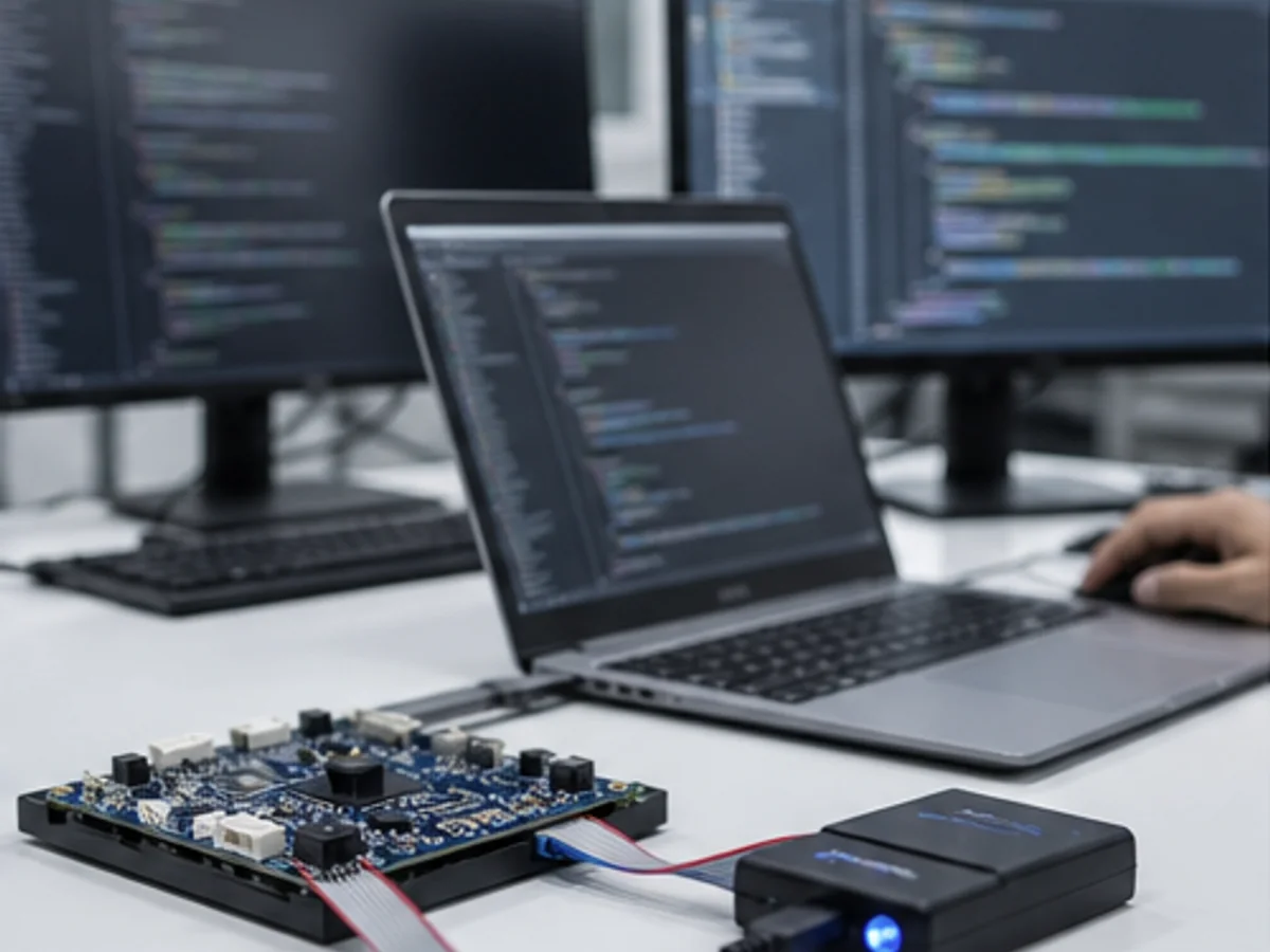 Developer working on embedded firmware with a debugger attached to a board