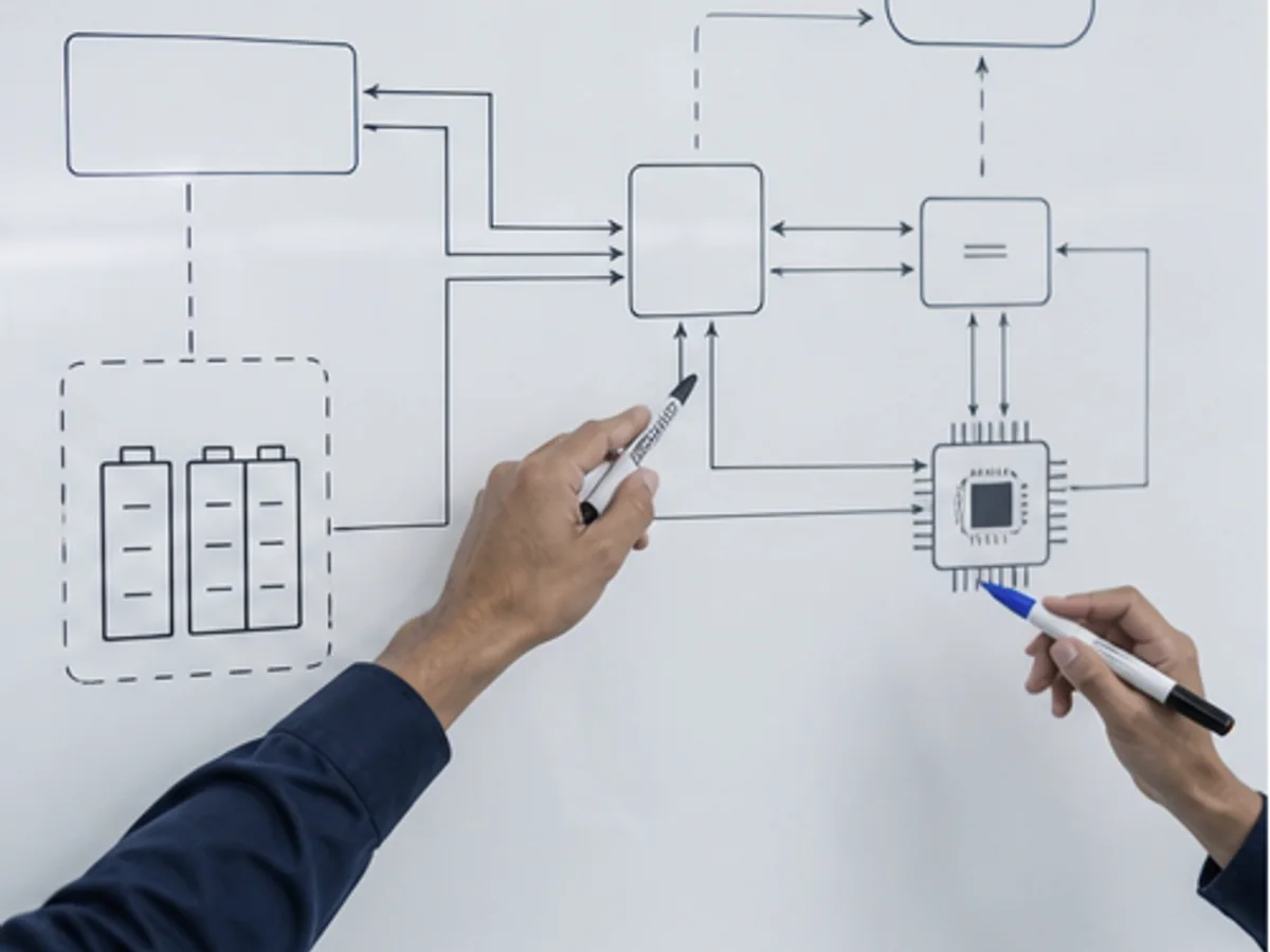 Team reviewing a system schematic at a whiteboard