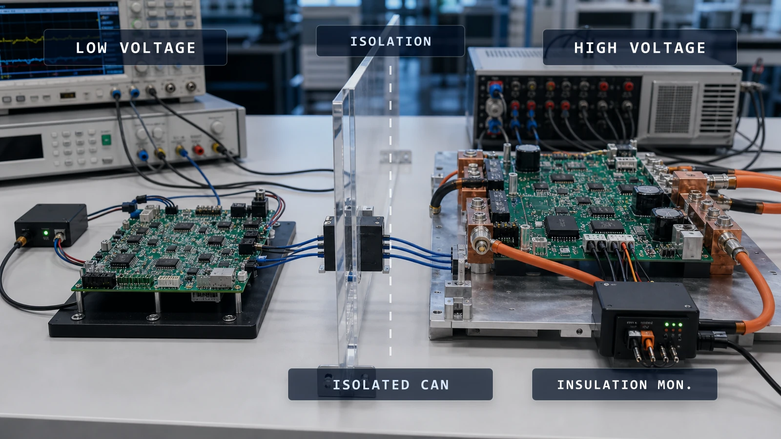 Low-voltage and high-voltage BMS domains separated by an isolation barrier with isolated CAN and insulation monitoring
