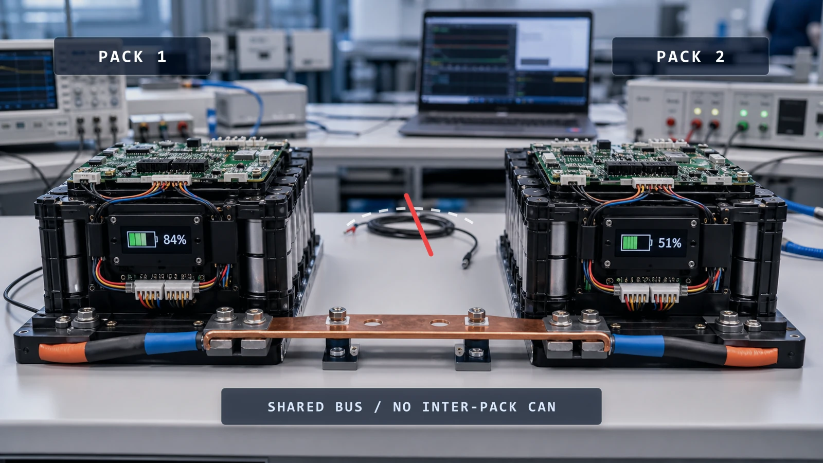 Two battery packs connected through a shared power bus with no inter-pack CAN connection