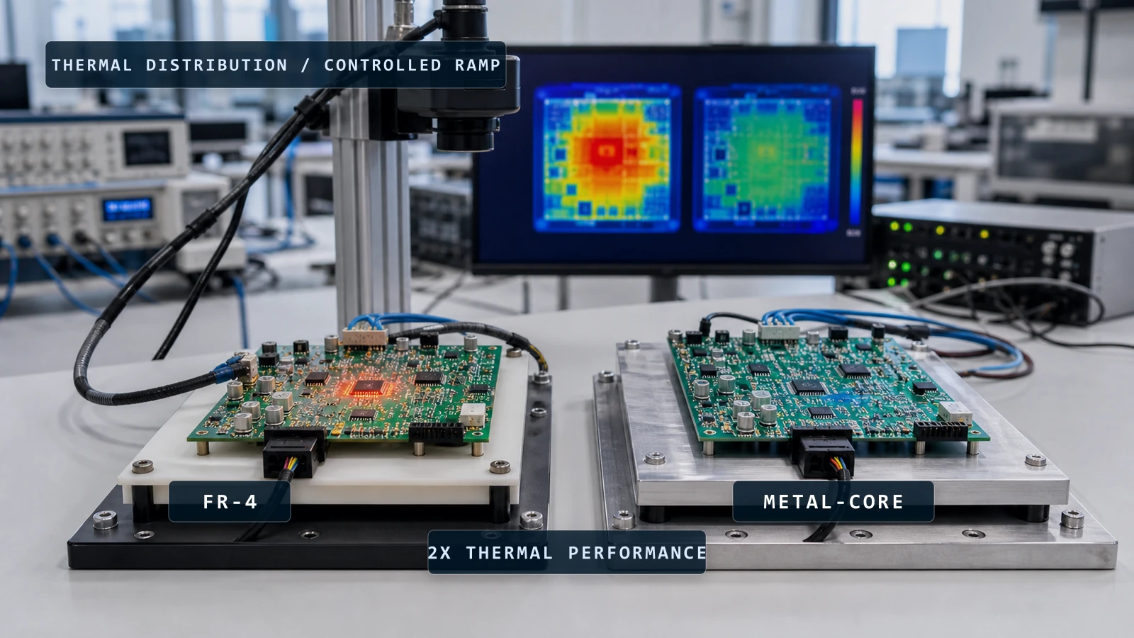Thermal bench comparison: an FR-4 board running hot beside a cooler metal-core board, with both thermal maps on the camera monitor
